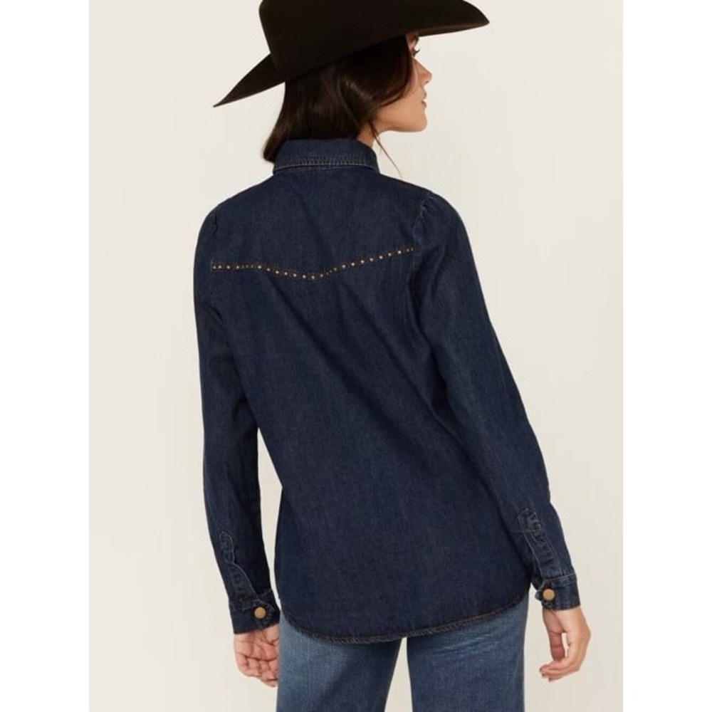 Blue B Women's Dark Wash Studded Keyhole Long Sleeve Snap Denim Shirt M - Picture 6 of 7